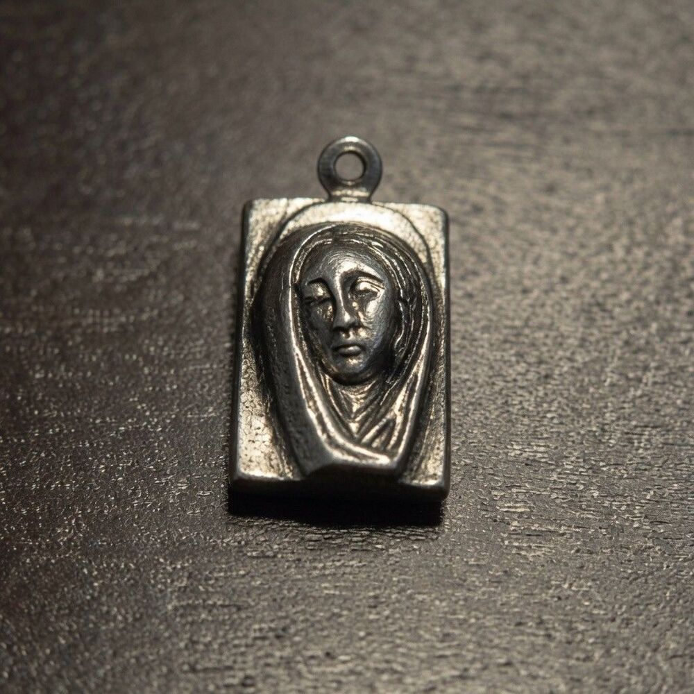 Vintage Rectangular Catholic Medal Pendant Virgin Mary Sacred Heart Jesus